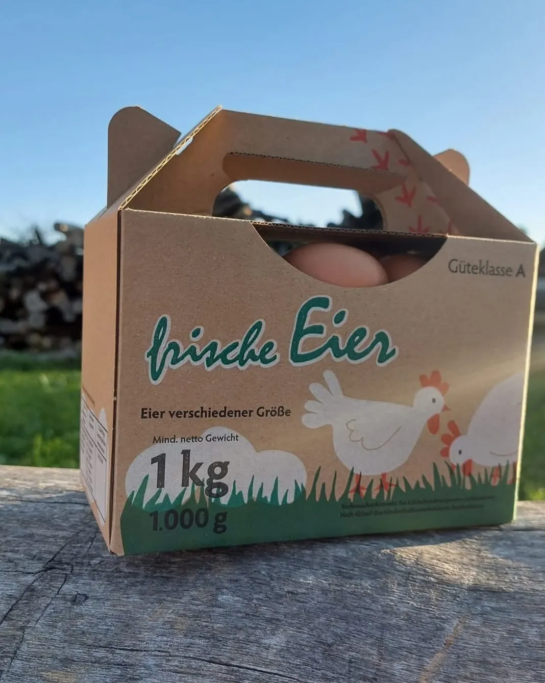 Eierkarton aus Kraftpapier mit grüner Aufschrift frische Eier, Güteklasse A, zwei braune Eier im Griffloch.